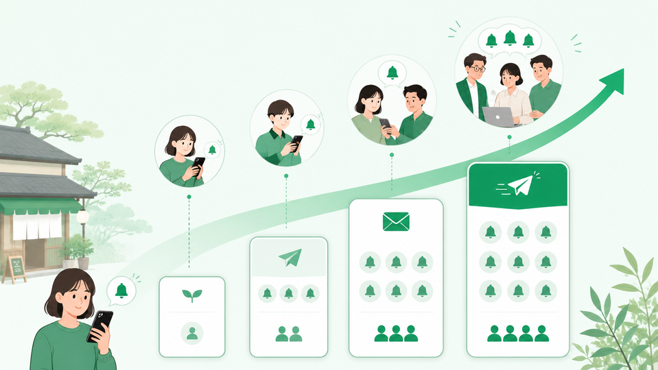 無料から始めて通知件数や利用人数に合わせてプランを選べるイメージ